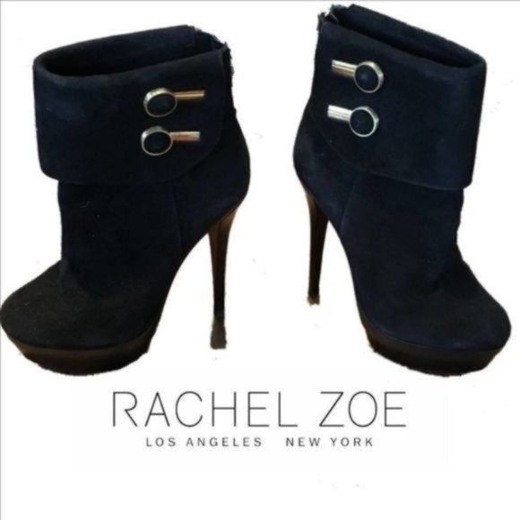 RACHEL ZOE Cuffed Black Suede Platform 6" Stiletto Heel Ankle Boots - Picture 3 of 5